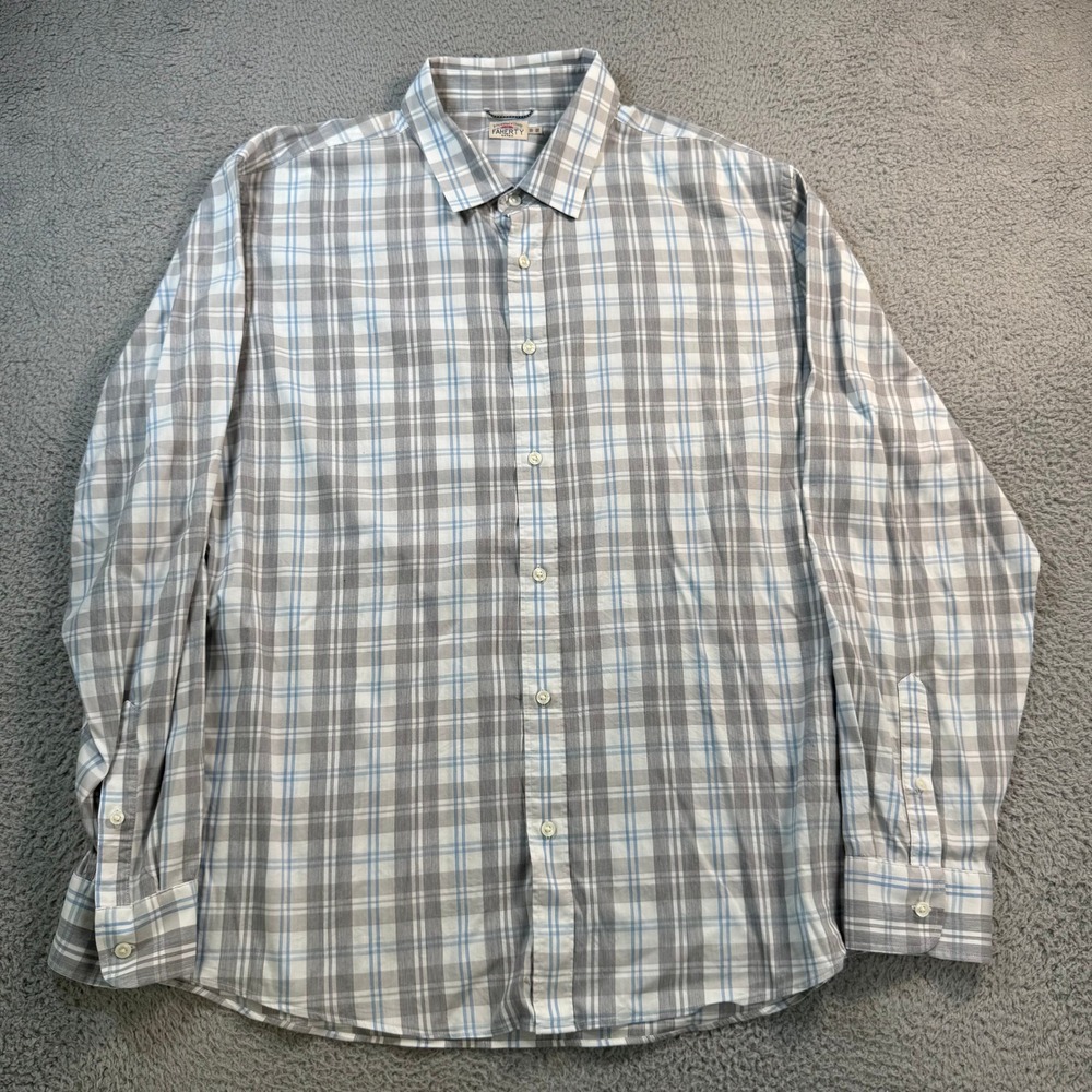 Faherty Mens XXL Plaid Button Down Shirt Gray Blue Supima Cotton Tencel Stretch